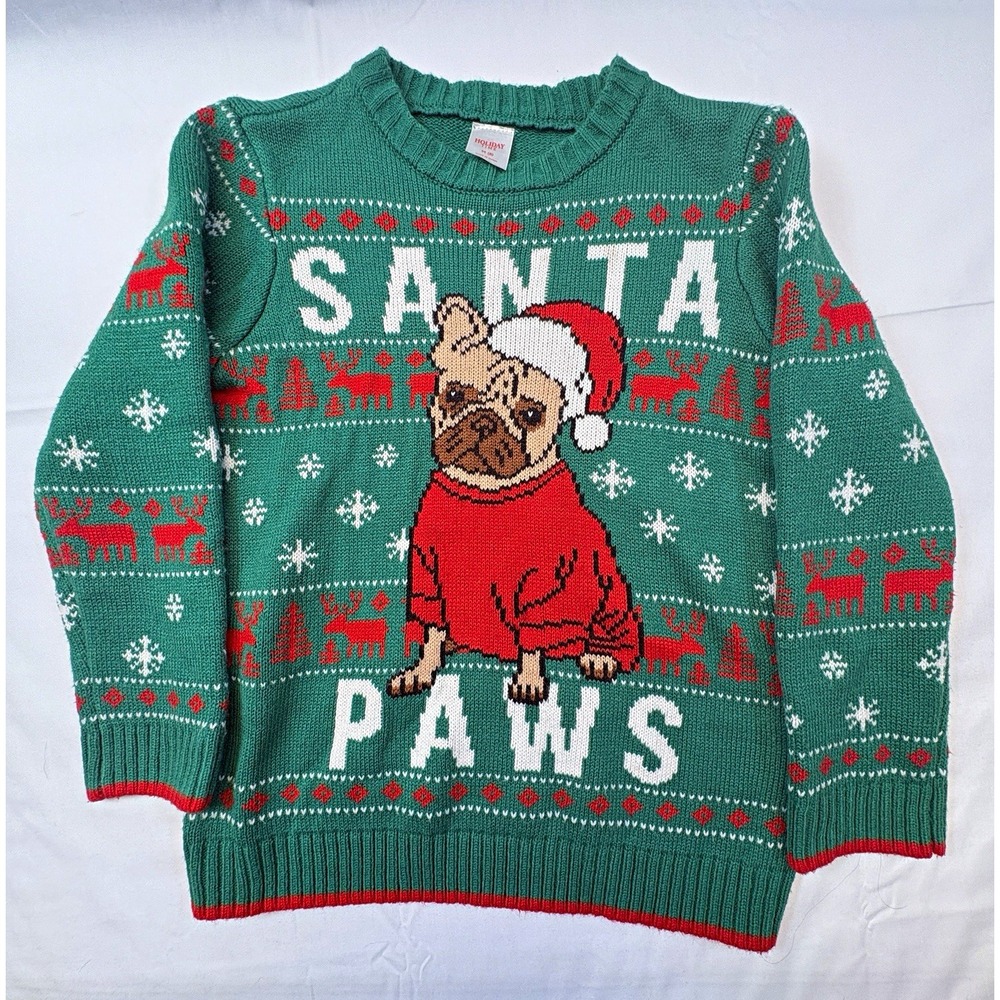 Holiday Time Green Santa Paws Christmas Knit Pullover Sweater Kids M Long O-476